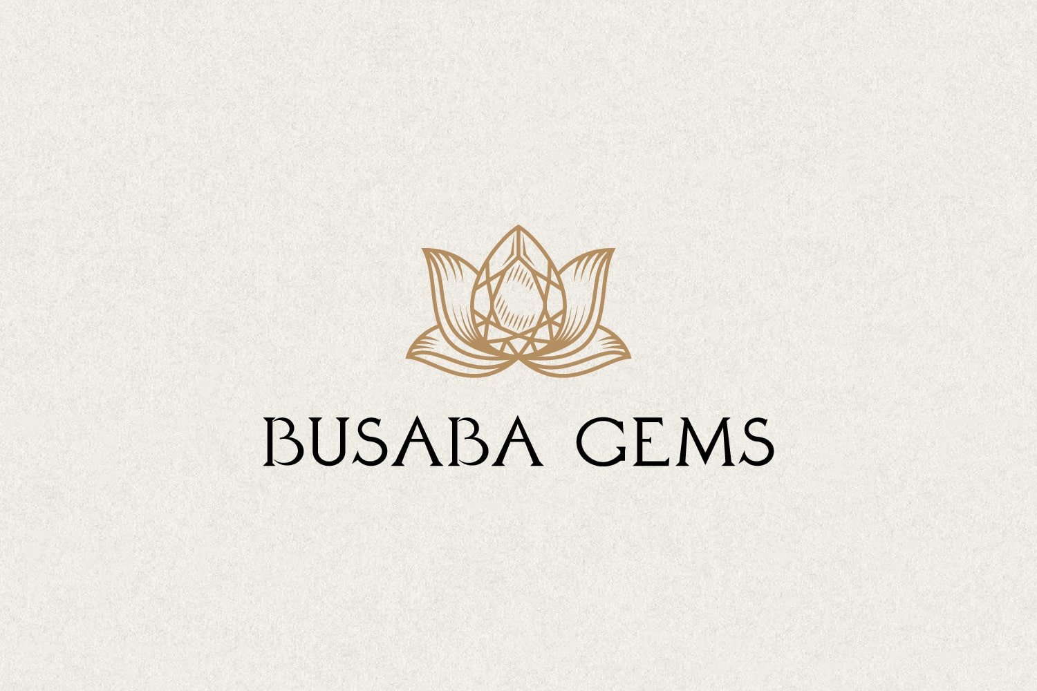 Logo with a gold lotus flower and a diamond-shaped gem in the center, above the black text "BUSABA GEMS" on a beige background.
