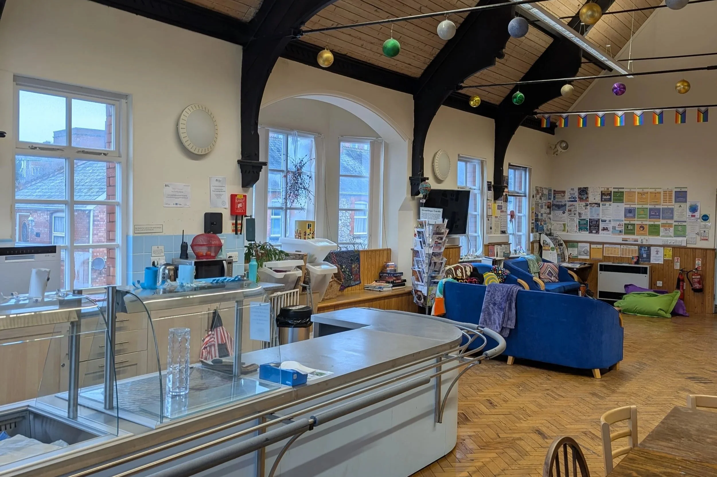 A photo of a serving counter and seating area.