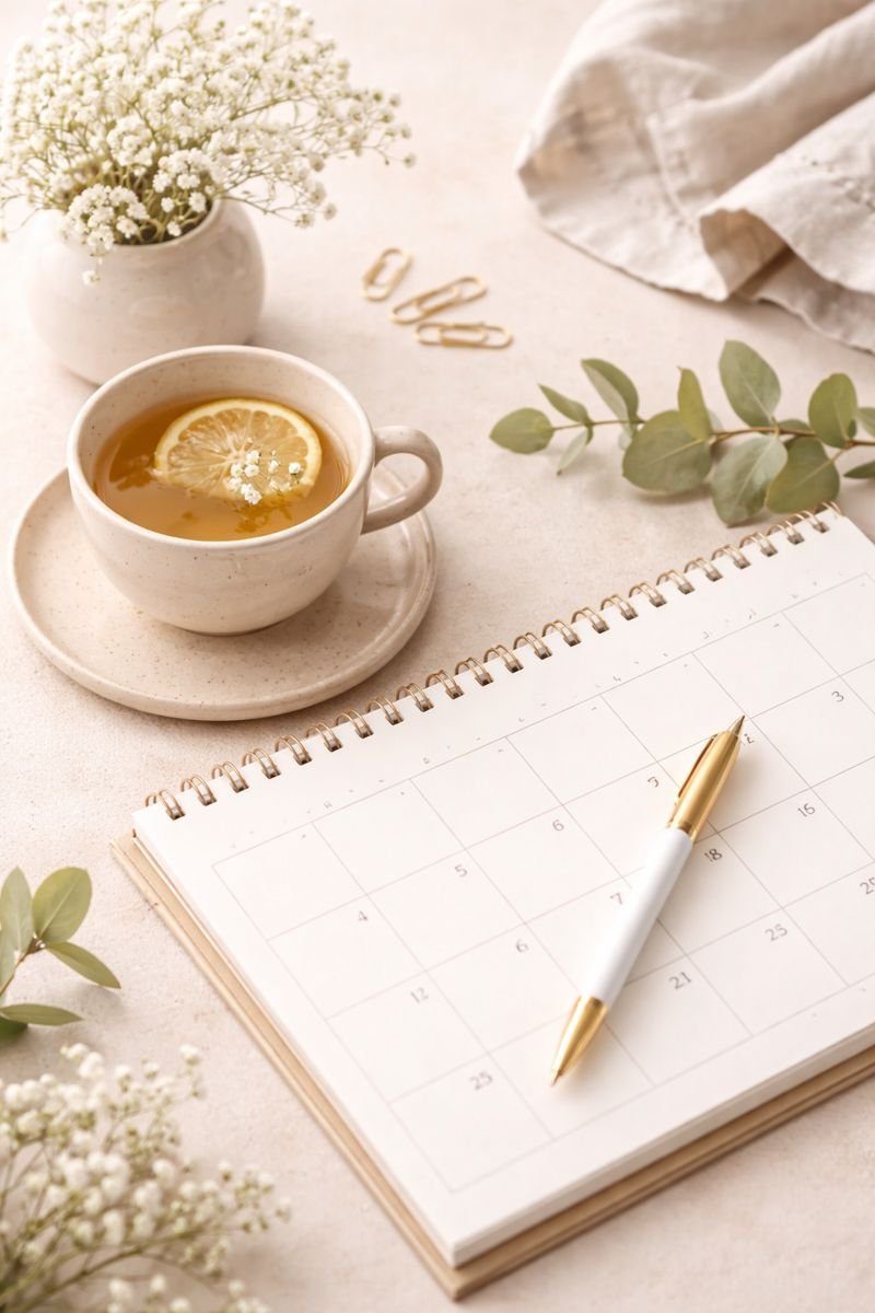 A scene with a cup of tea with a lemon slice and small white flowers floating inside, a small bouquet of white flowers and greenery in a vase, a blank calendar or planner with a gold and white pen on top, and some greenery and a cloth in the background.