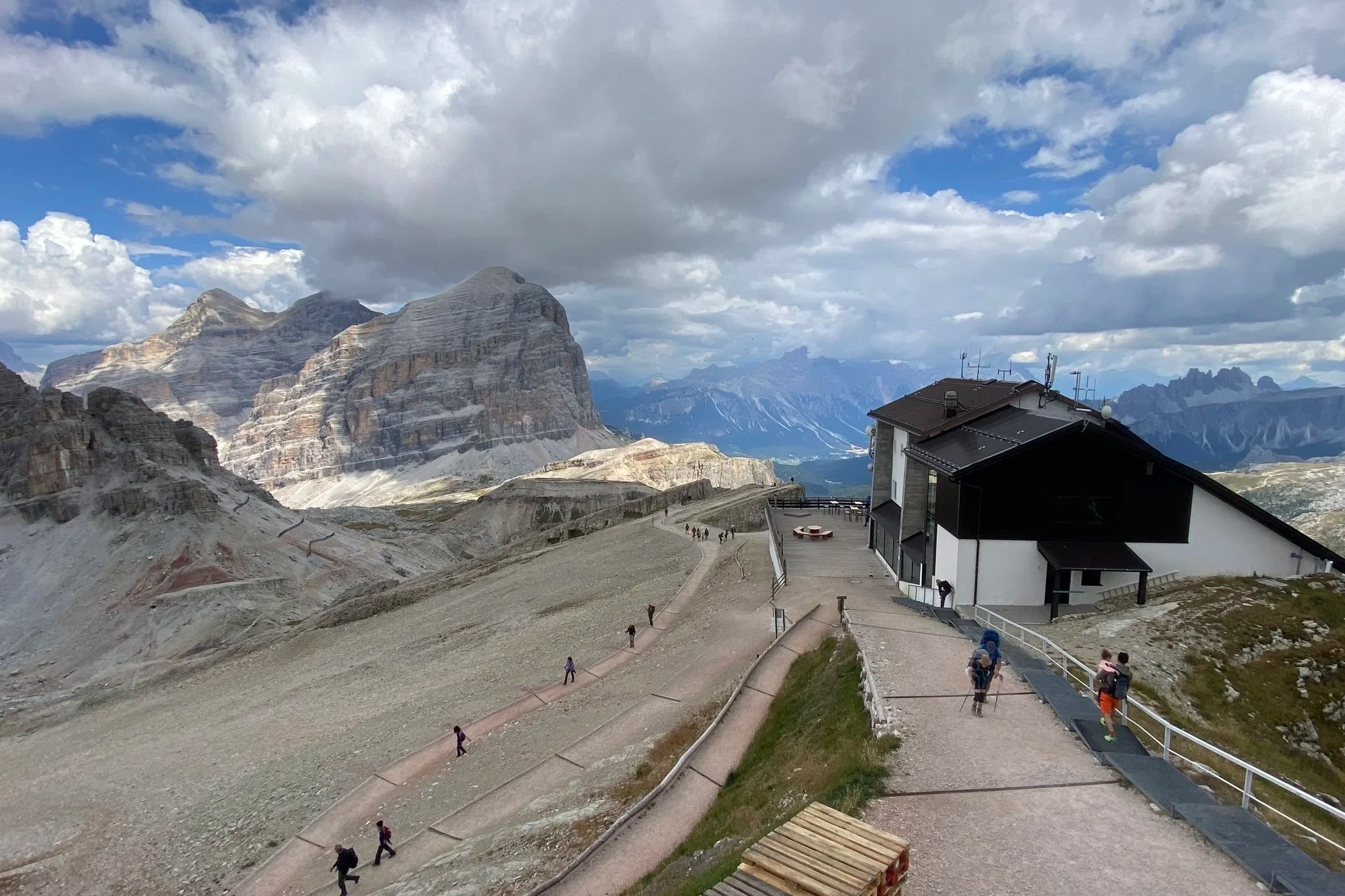 Mountain landscape with rocky peaks, a cloudy sky, and a modern building on a trail with hikers walking up to it.