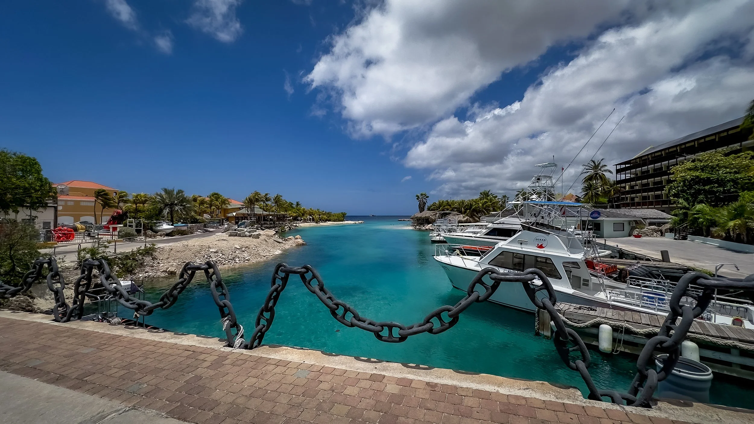 A marina with boats docked along turquoise water, palm trees, and a clear sky with some clouds.