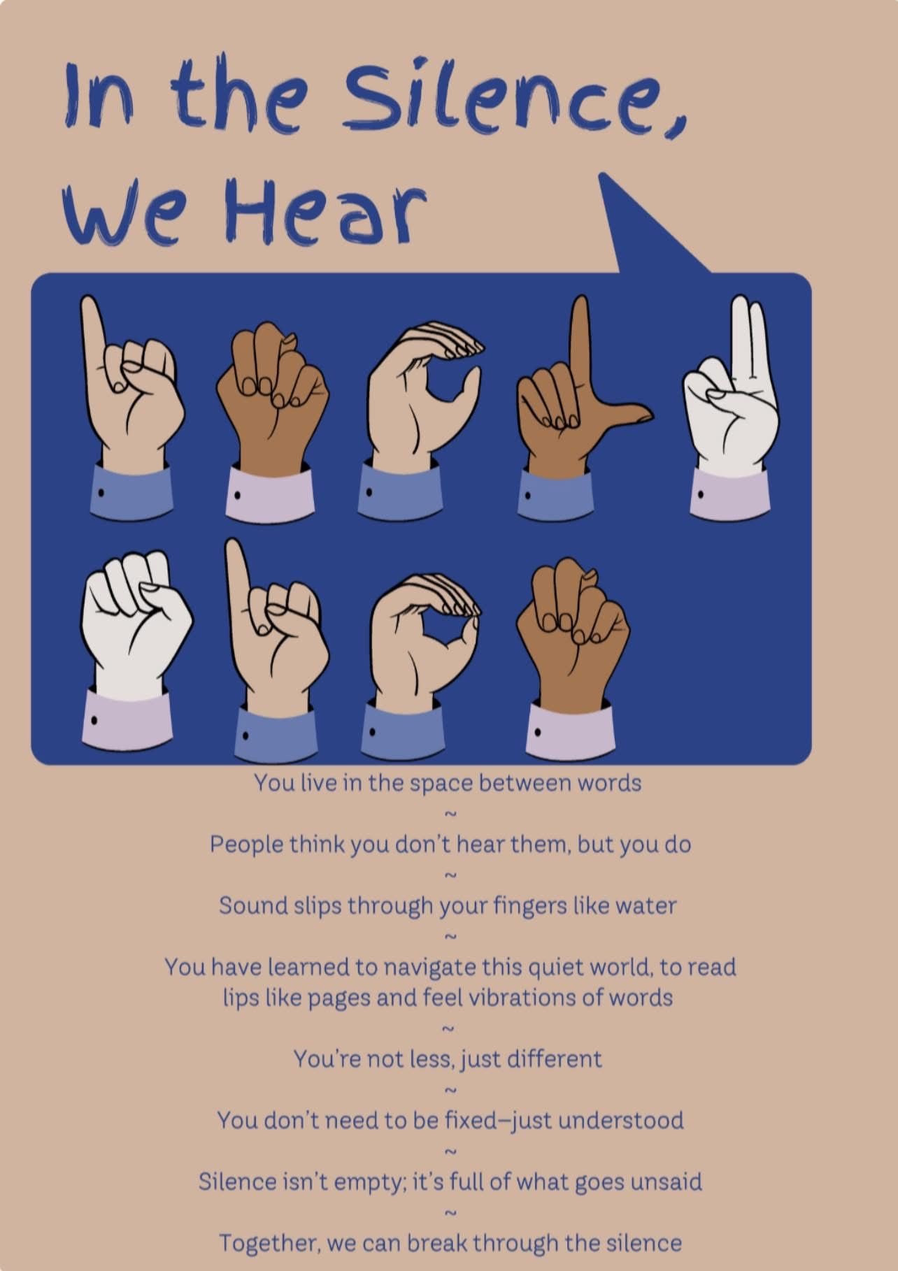 Graphic with title 'In the Silence, We Hear' featuring diverse hands spelling out 'Listen' in American Sign Language, accompanied by a poem about communication and understanding by Joanne Touhey.