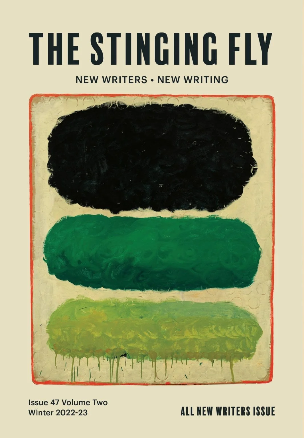 Cover of 'The Stinging Fly' magazine, Issue 47, Volume Two, Winter 2022-23, with abstract artwork featuring three horizontal color blocks in black, green, and yellow-green.