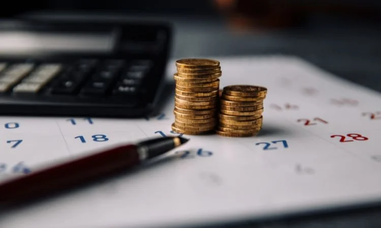 Tres pilas de monedas sobre un calendario con bolígrafo y calculadora