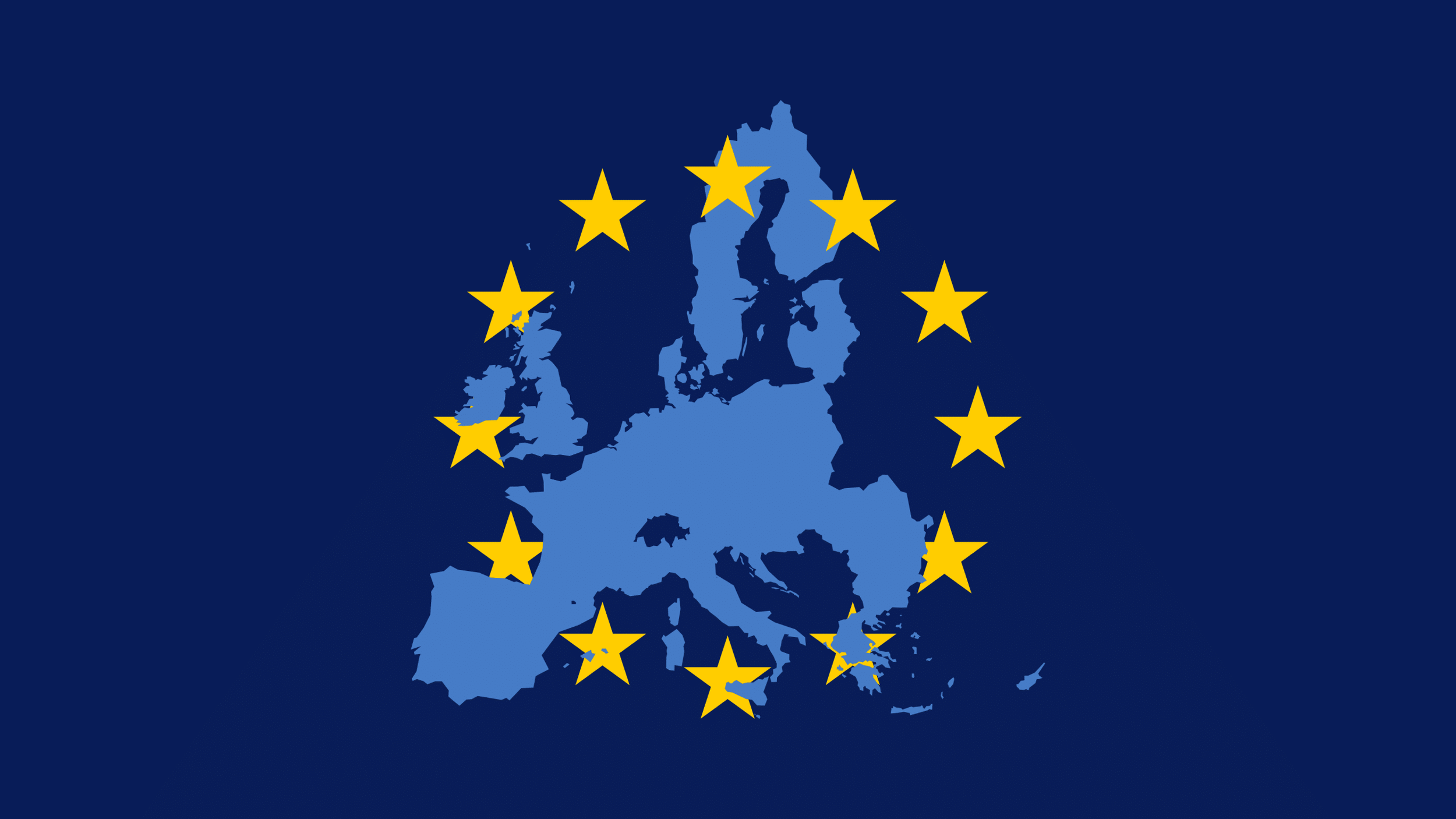 Mapa de Europa con fondo azul oscuro, contornos en azul más claro, rodeado por estrellas amarillas en forma de corazón, símbolo de la Unión Europea.
