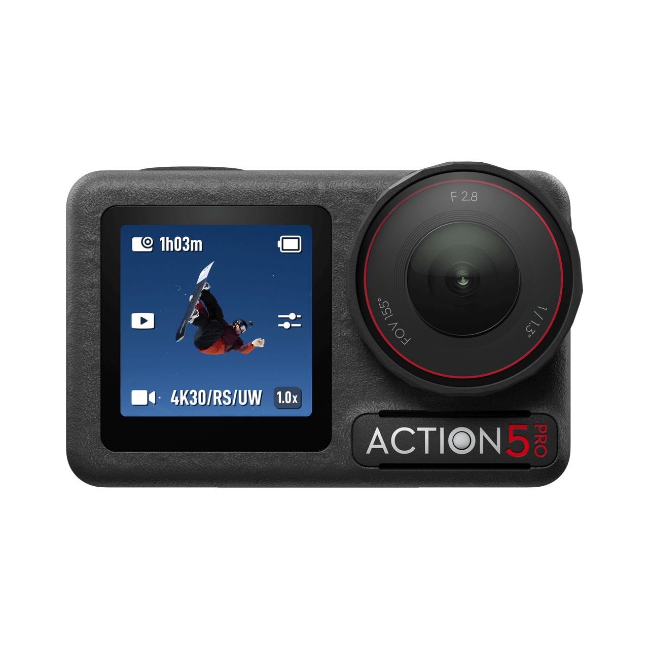 Black action camera with a small screen displaying a person snowboarding, a large lens on the right, and a label reading 'ACTION 5 PRO'.