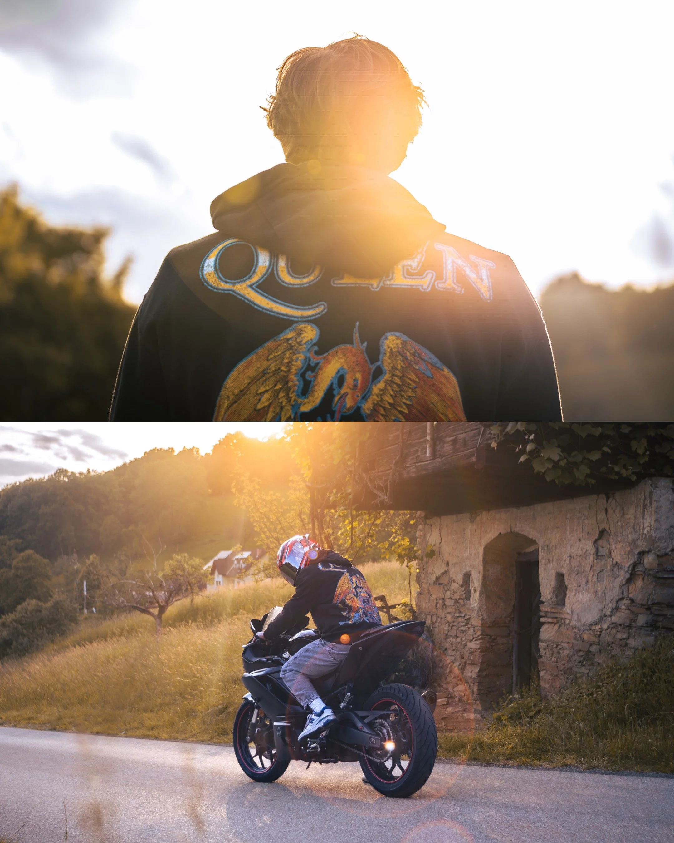 A person with a Queen band jacket riding a motorcycle on a rural road during sunset.