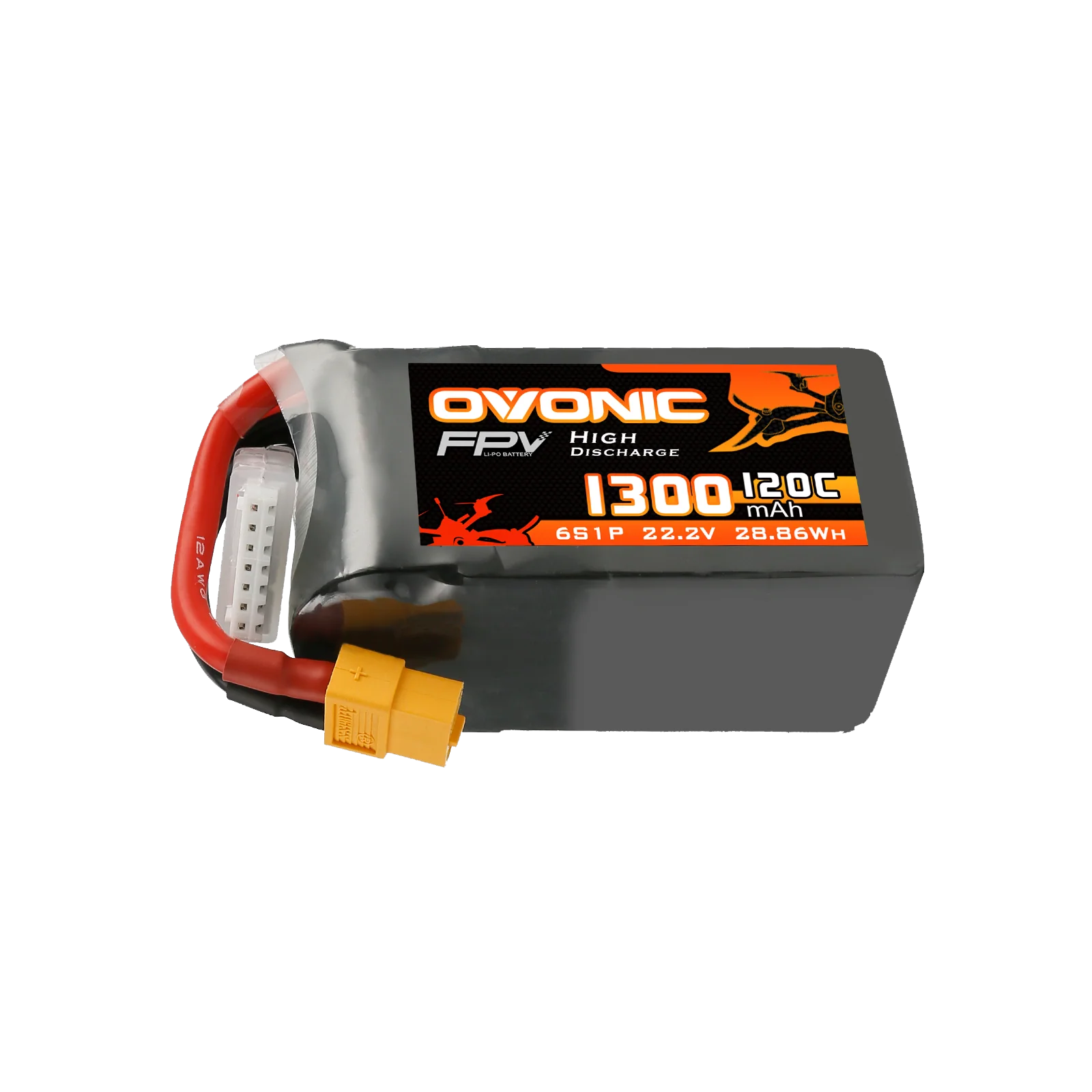 A black lithium polymer drone battery with orange and white label showing the brand name "OYONIC" and specifications: 1300 mAh, 22.2V, 28.86Wh, 651P, 120C. The battery has red and yellow connectors and a white balance port.