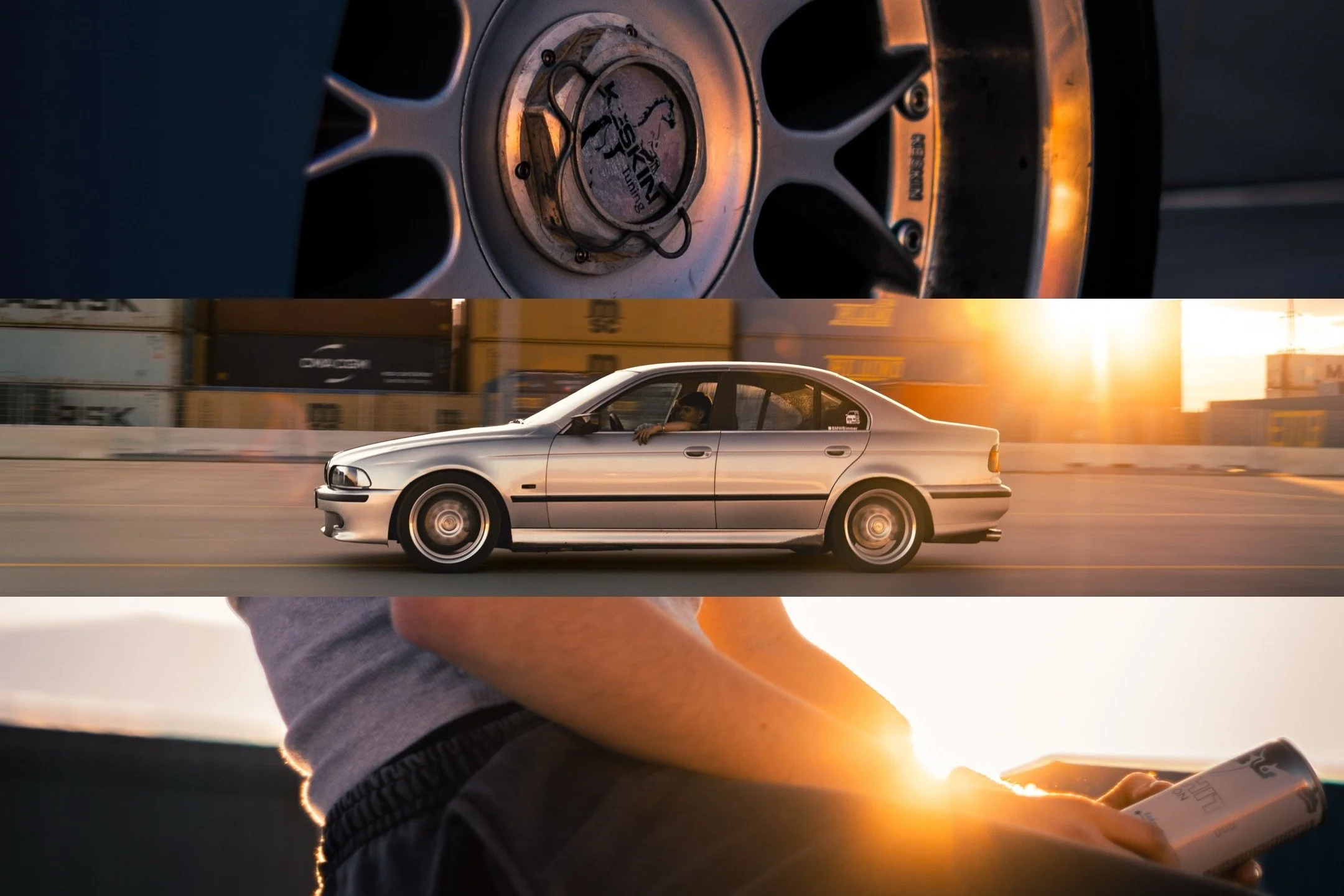 Close-up of a car wheel with a racing slick tire, a silver sedan driving on a road with a sunset in the background, and a person holding a soda can.