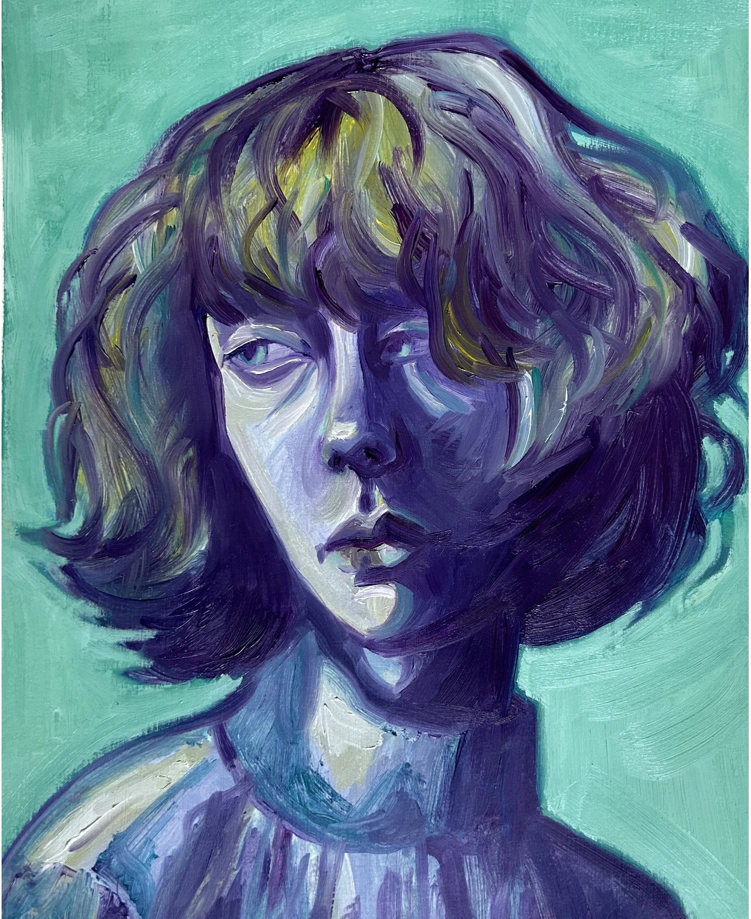 A portrait of a woman with a sad gaze and shoulder-length, wavy hair painted in shades of purple and green, against a mint green background.