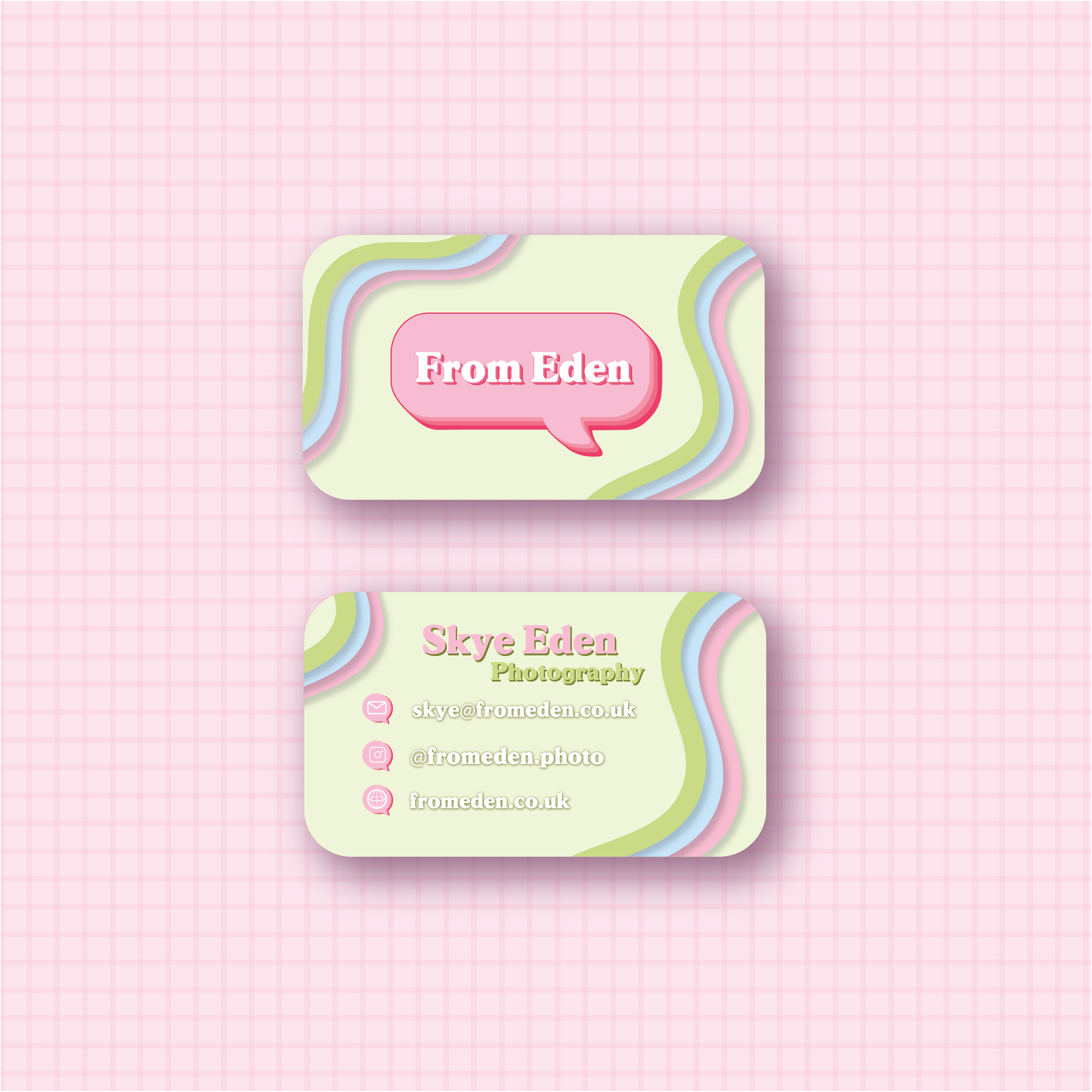 Business cards with pastel wavy borders, one with the text 'From Eden' inside a speech bubble, the other with contact information 'Skye Eden Photography'.