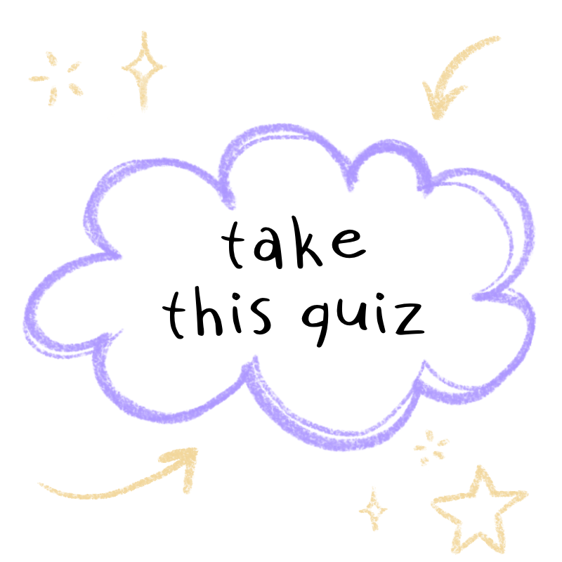 A purple cloud with yellow decorative stars, sparkles, and arrows surrounding it. it's a link to the services quiz but you can also email me at thatashfromdesign@gmail.com