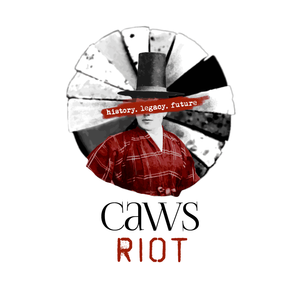 A logo for Caws Riot with an illustration of a welsh woman in traditional dress and top hat with a wheel of cheese behind her. Red white and black colours. 