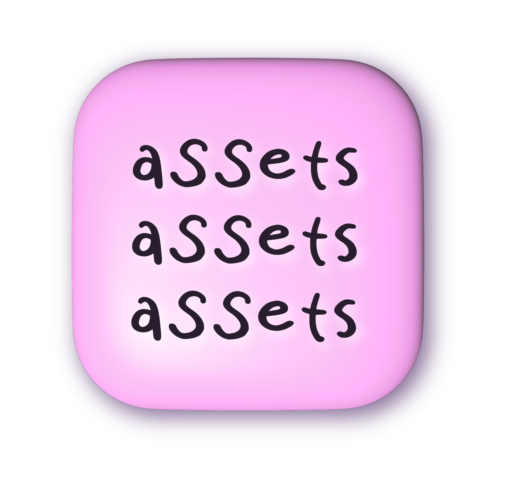 Purple square button with rounded edges containing the word 'assets' written three times in black, whimsical font.