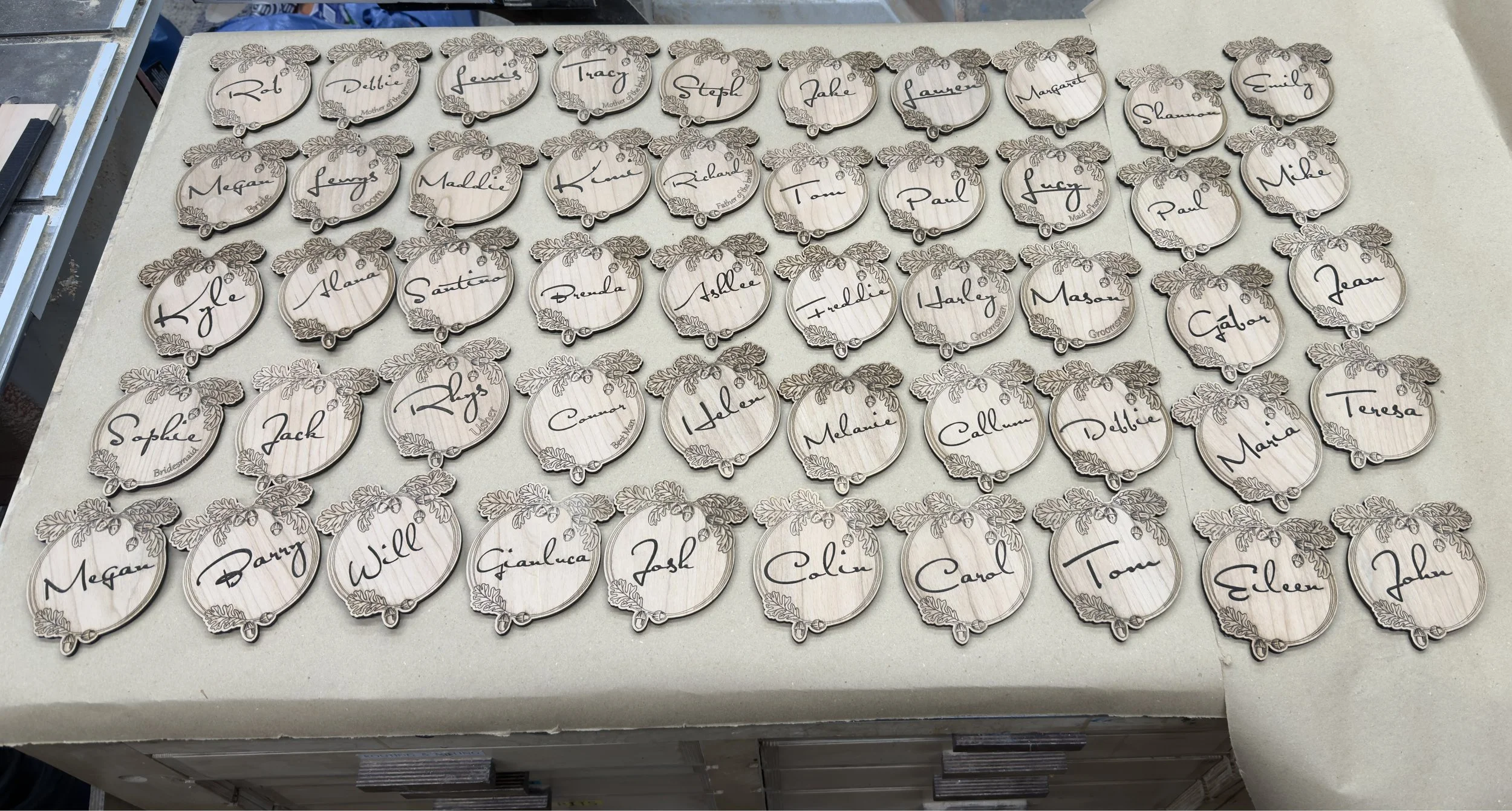 Volume isn't an issue. For this wedding in the New Forest, I created an oak-based coaster engraved onto a cherry-faced plywood. 