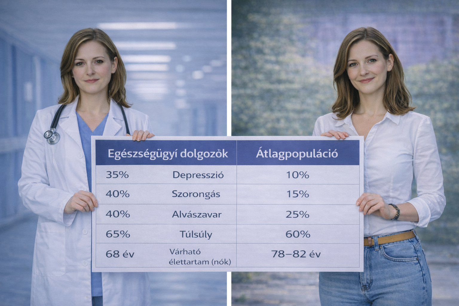 A female doctor in a white coat holding a chart with health statistics on the left, and a woman in casual clothes holding the same chart on the right. The chart displays percentages of health issues among healthcare workers and the general population, with Hungarian text.