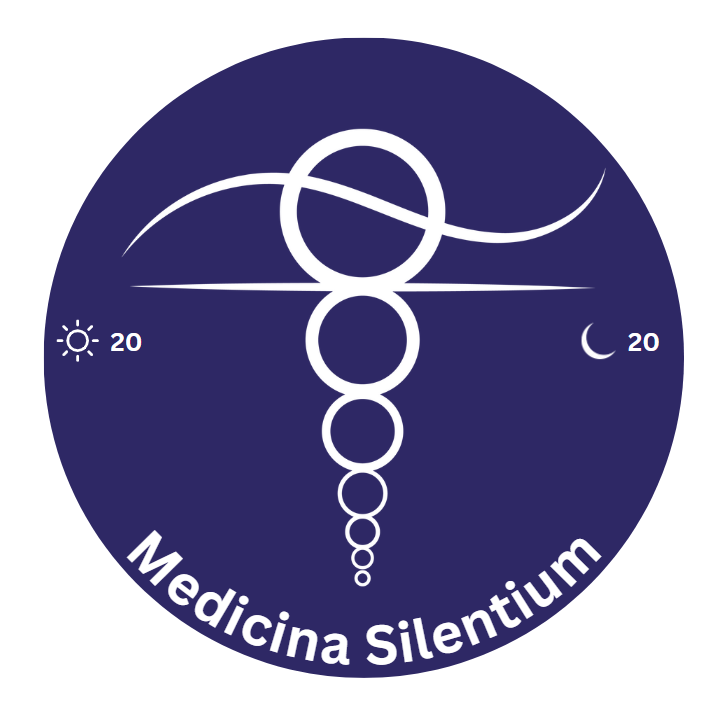 Logo with a dark blue circular background featuring a white caduceus symbol made of circles and wings, with sun and moon icons on each side, and the words "Medicina Silentium" curved along the bottom.
