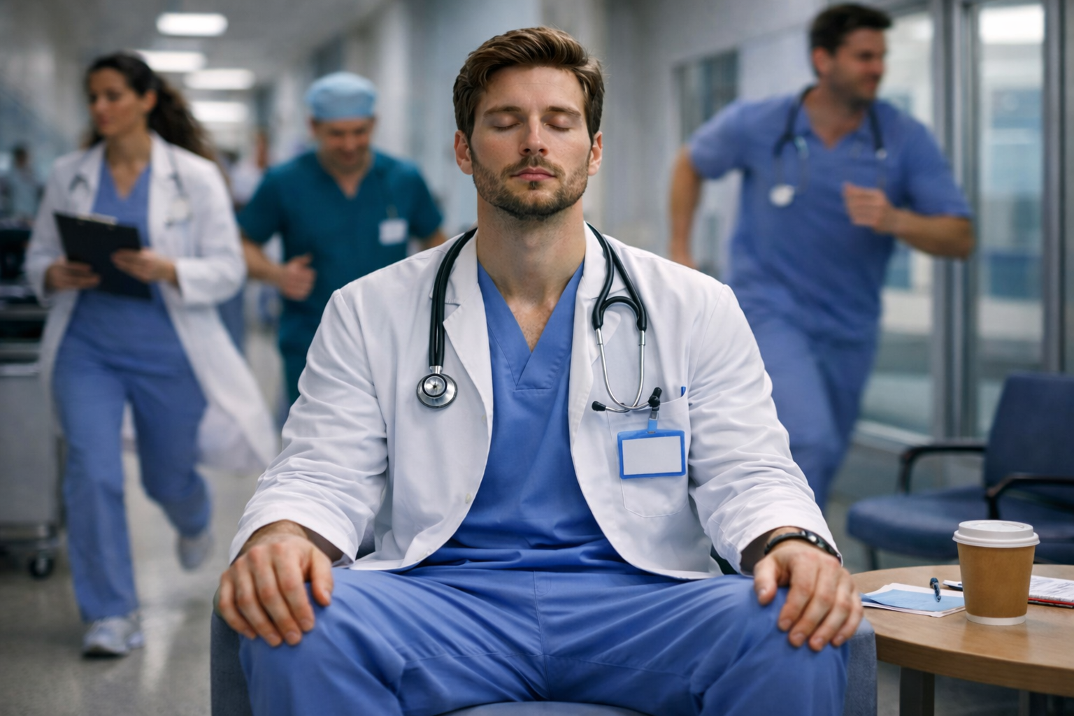 A male doctor with closed eyes sitting cross-legged on a chair in a hospital, with medical staff in scrubs walking behind him.