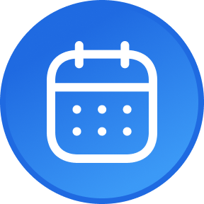 Icon of a calendar with six dots inside, on a blue circular background.