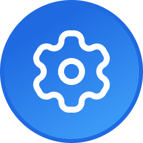 Icon of a white gear inside a blue circular background with a black corner.