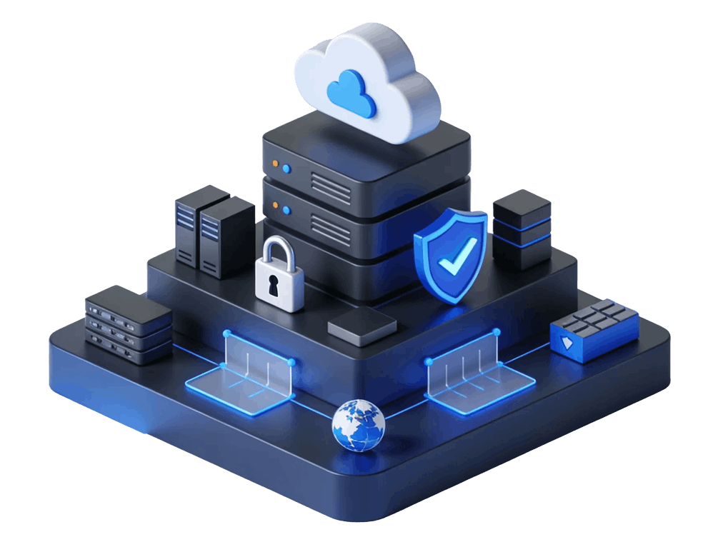 Illustration of cloud computing with servers, security lock, shield with checkmark, and globe, representing data security and cloud storage.