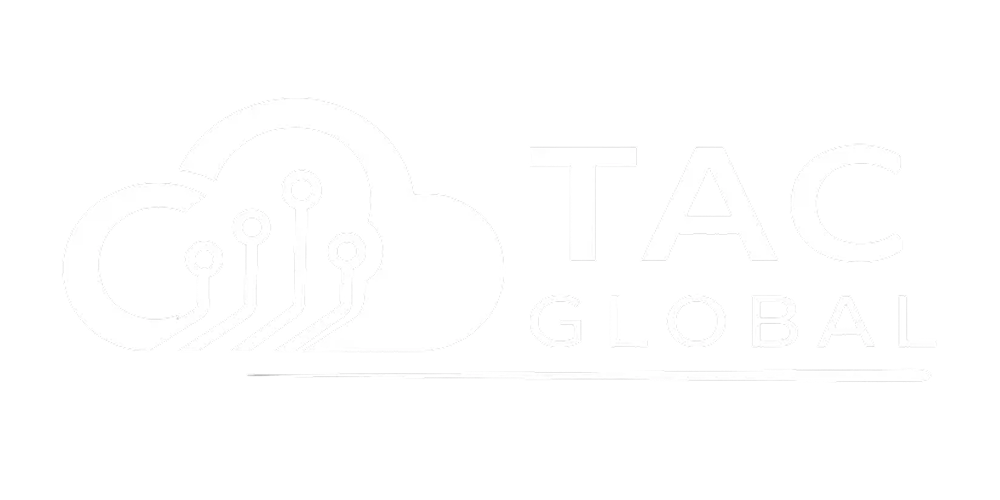 White cloud logo with circuit lines beside the text TAC GLOBAL on a black background.
