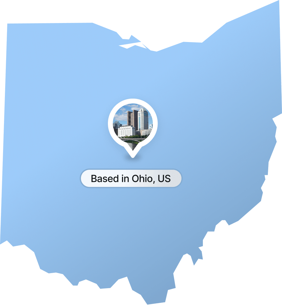 Map of Ohio with a cityscape image and a label indicating 'Based in Ohio, US.'