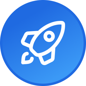 Icon of a spaceship or rocket inside a blue circular background.