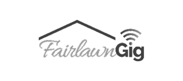Logo of Fairlawn Gig with house roof, text, and Wi-Fi symbol