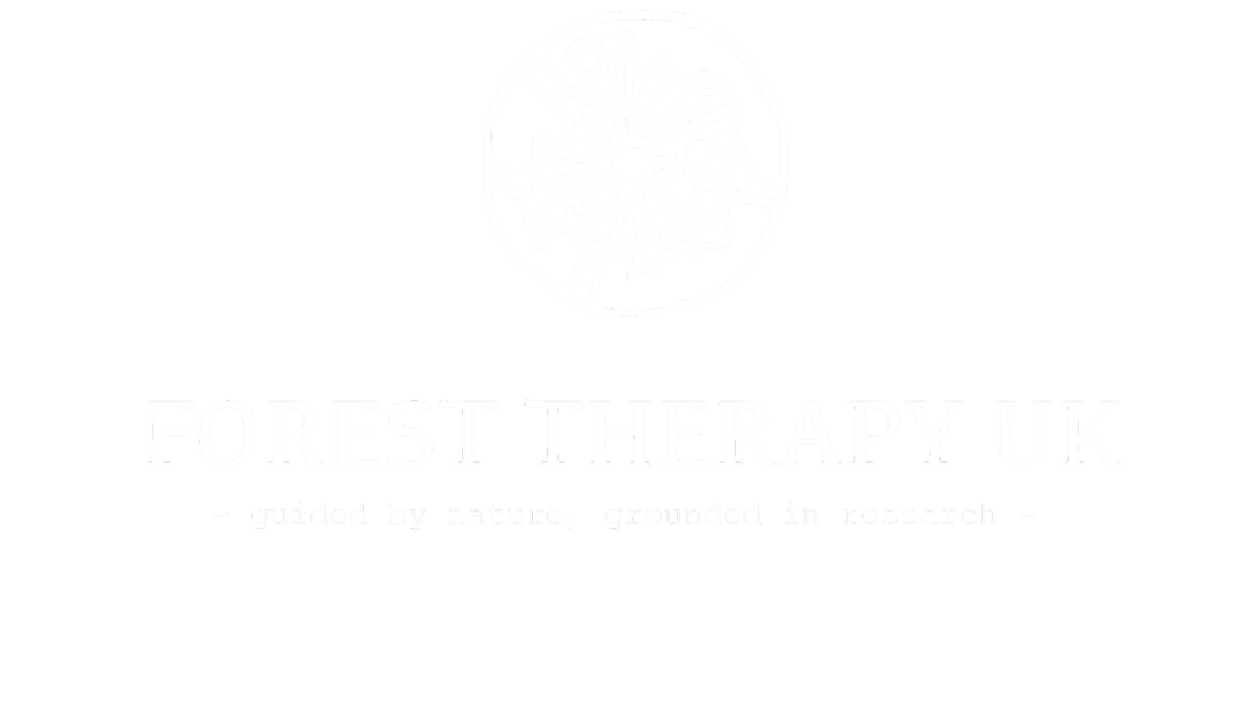 Black background with a white circular logo featuring a tree ring pattern. Below, the text reads 'FOREST THERAPY UK' with the tagline 'guided by nature, grounded in research' underneath.
