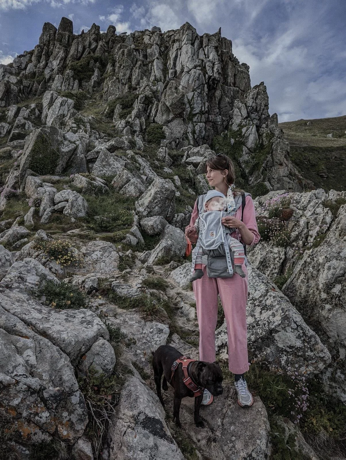 Woman hiking with a baby in a backpack carrier and a dog on a rocky mountain trail.