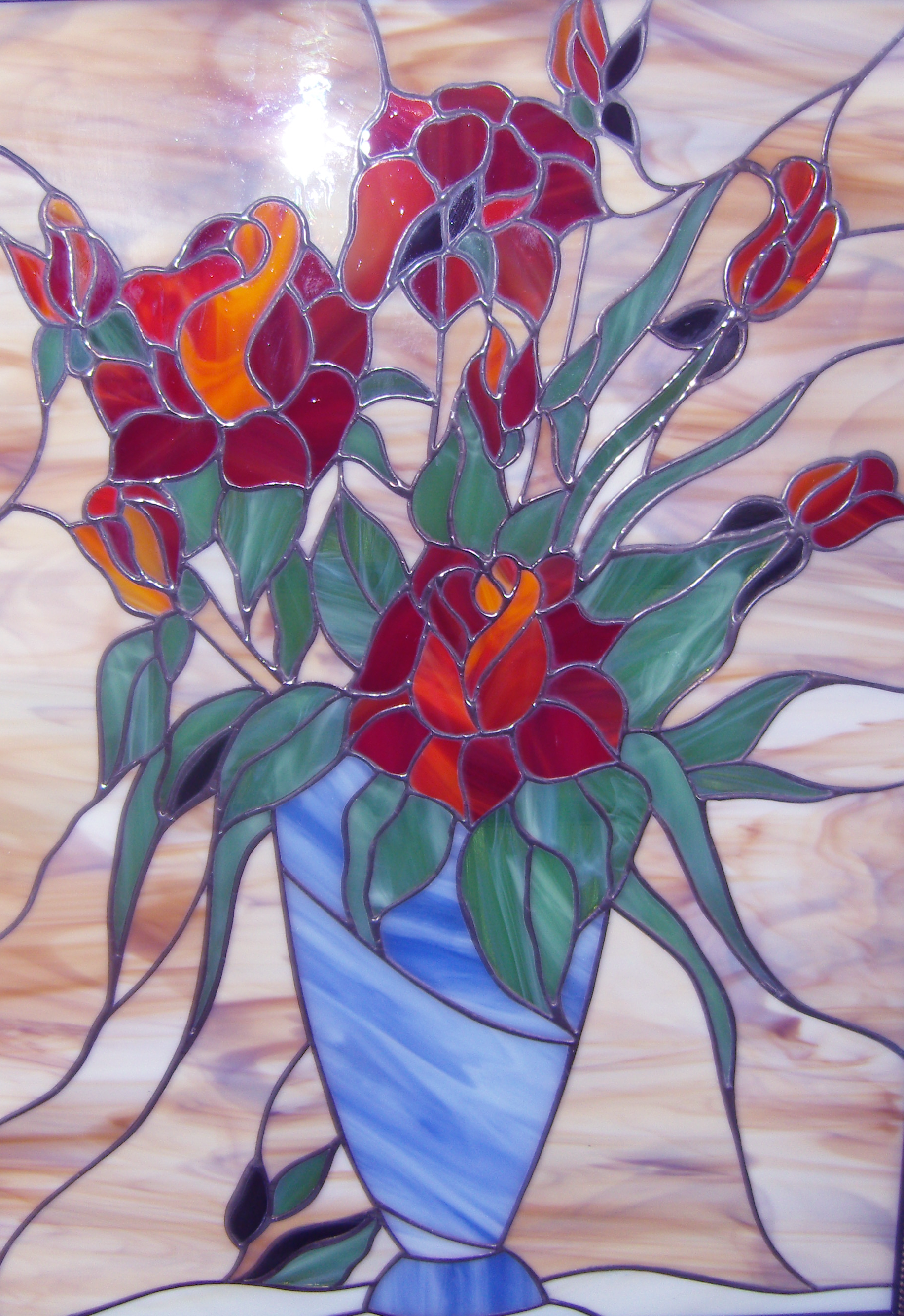 Red Blossoms in Vase – Stained Glass Floral Art