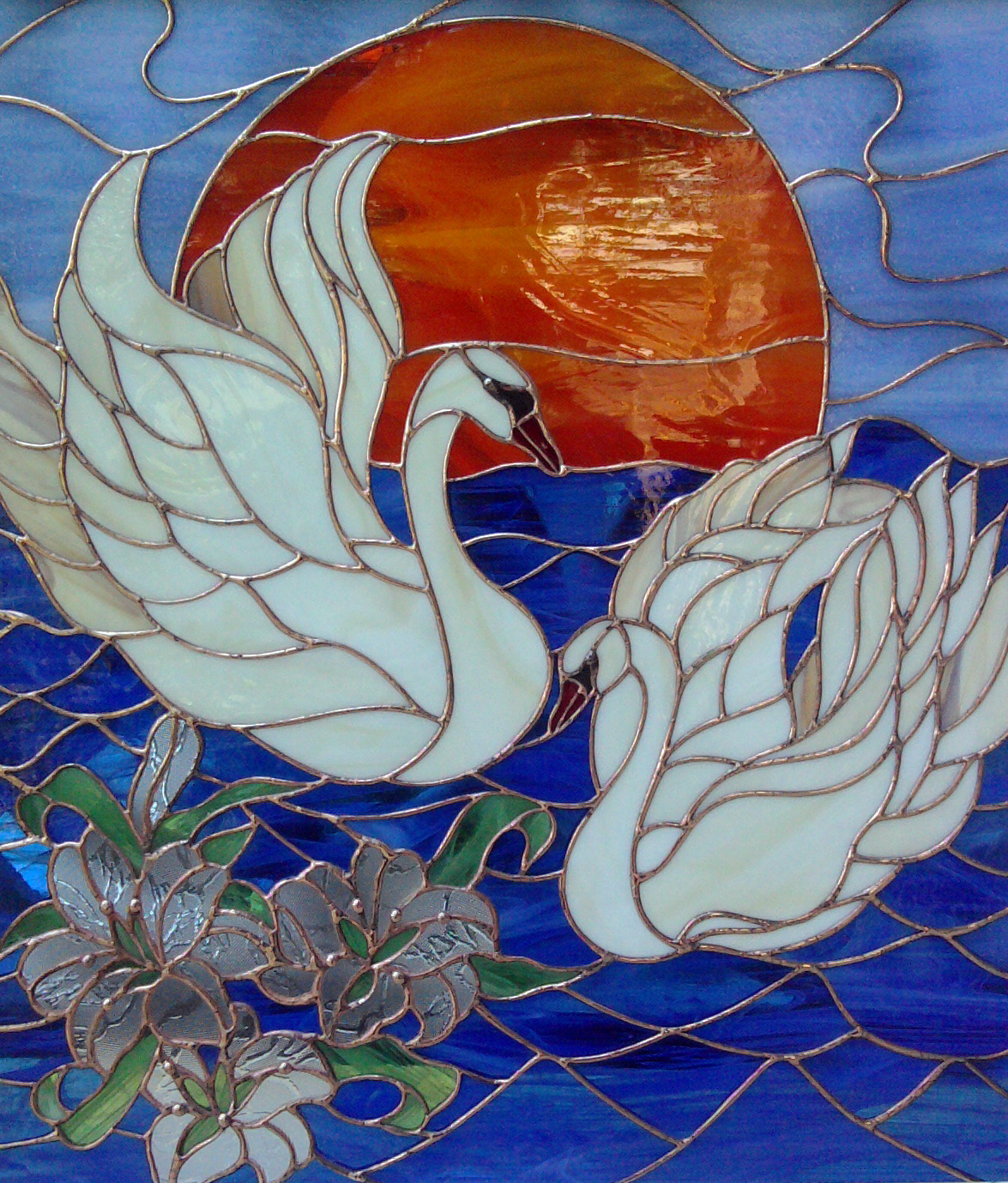 Swans at Sunset – Stained Glass Romantic Scene