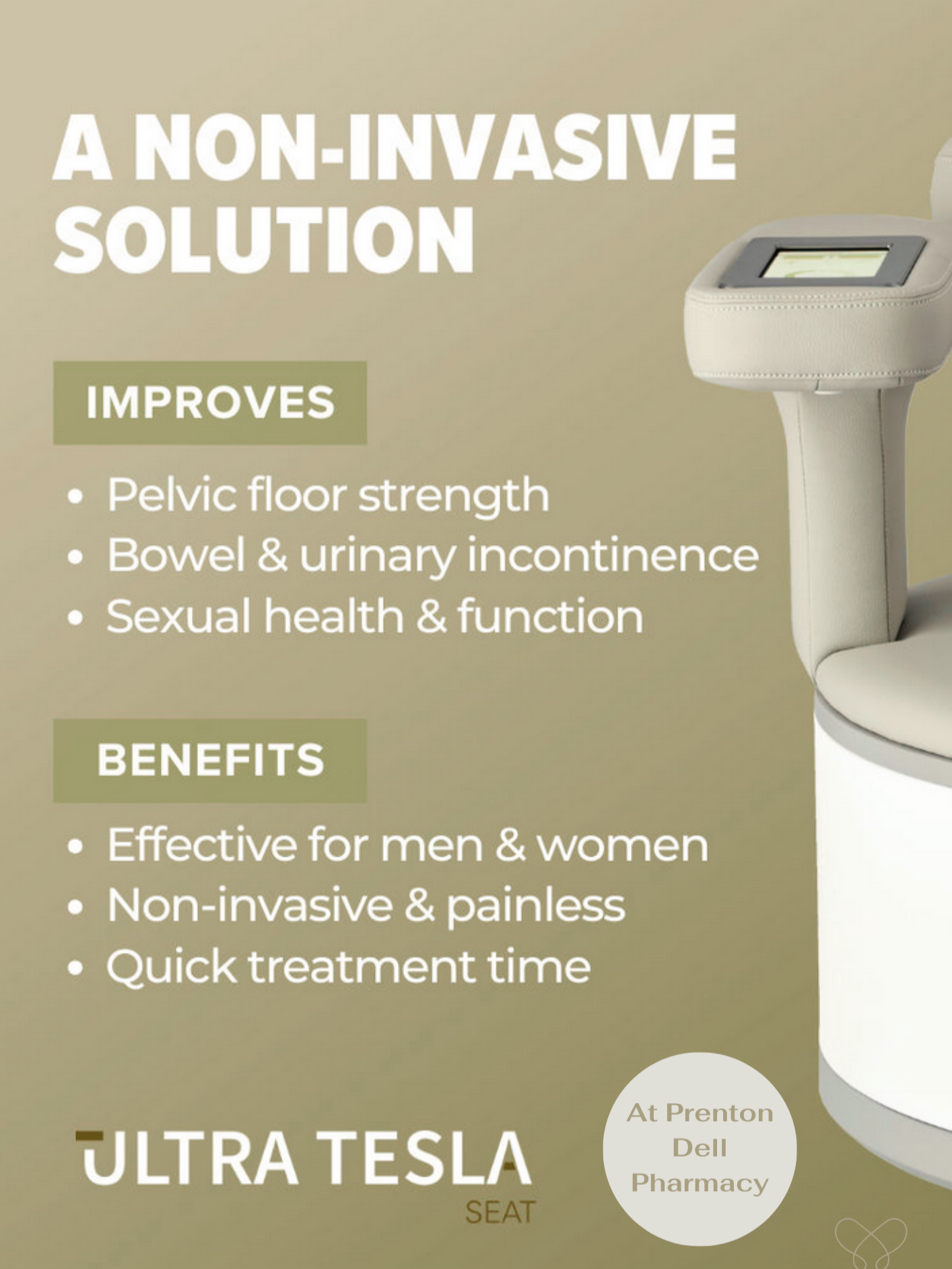 A promotional poster for Ultra Tesla Seat, highlighting its non-invasive treatment benefits for pelvic floor strength, bowel and urinary incontinence, sexual health, and function, with a partial image of the medical device on the right.
