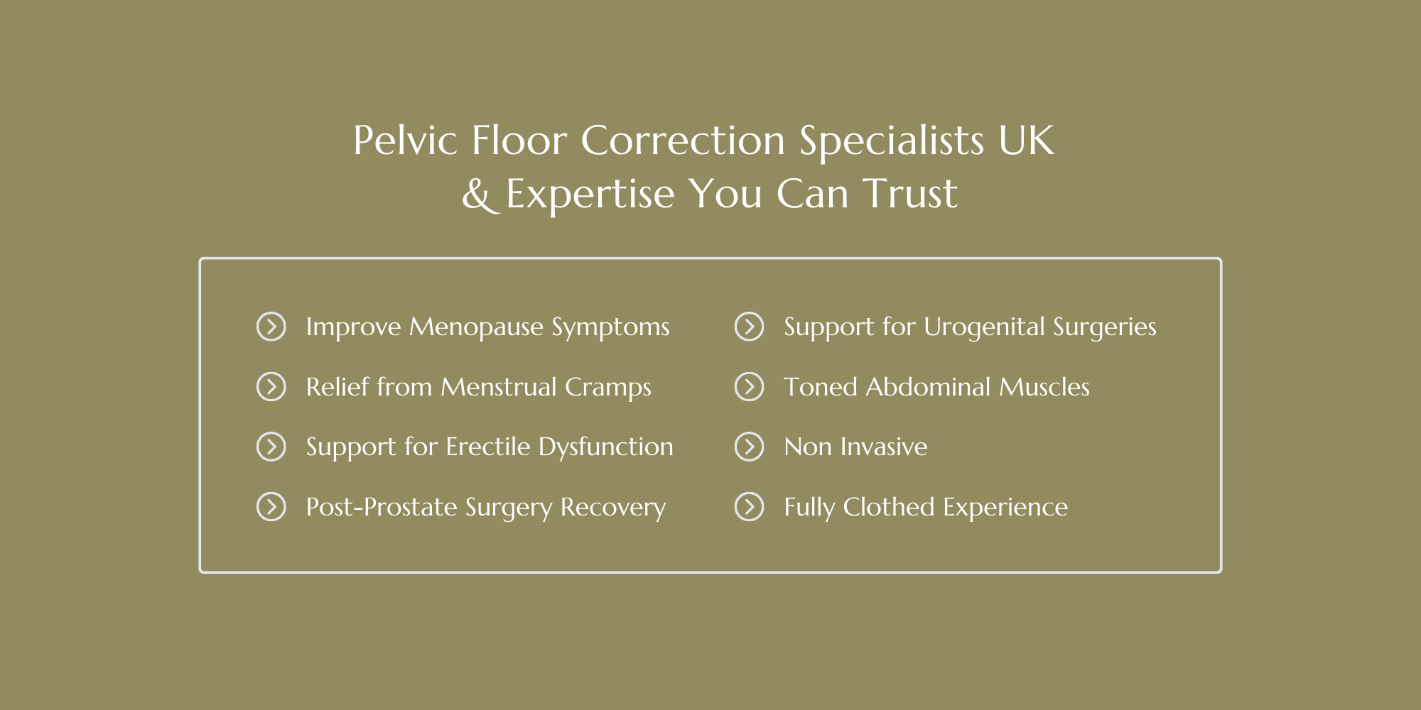 A website offering pelvic floor correction services with a green background and white text, listing services such as improving menopause symptoms, relief from menstrual cramps, support for erectile dysfunction, post-prostate surgery recovery, support for urogenital surgeries, toned abdominal muscles, non-invasive procedures, and a fully clothed experience.