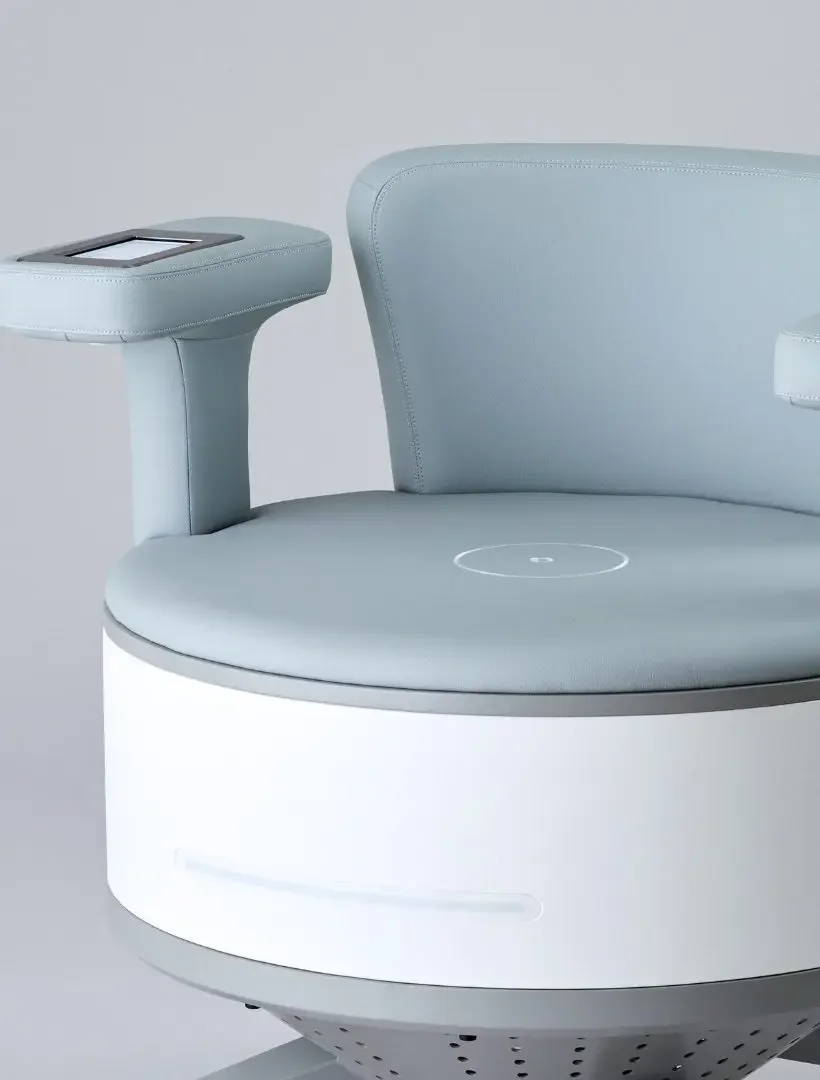 A modern, light blue swivel chair with a round white base and an integrated touchscreen armrest.