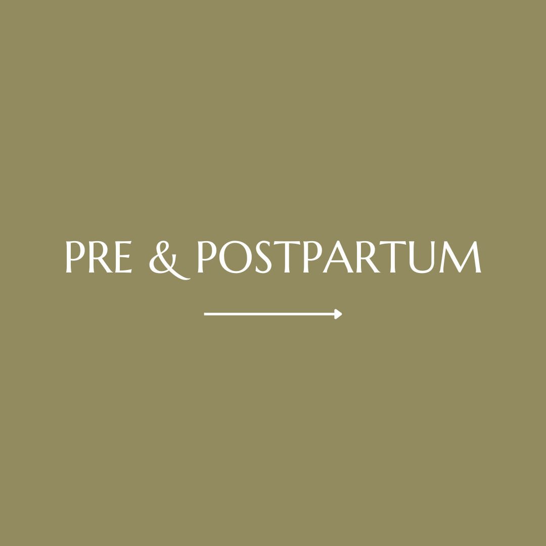 Sign with light green background reading 'Pre & Postpartum' with an arrow pointing to the right.