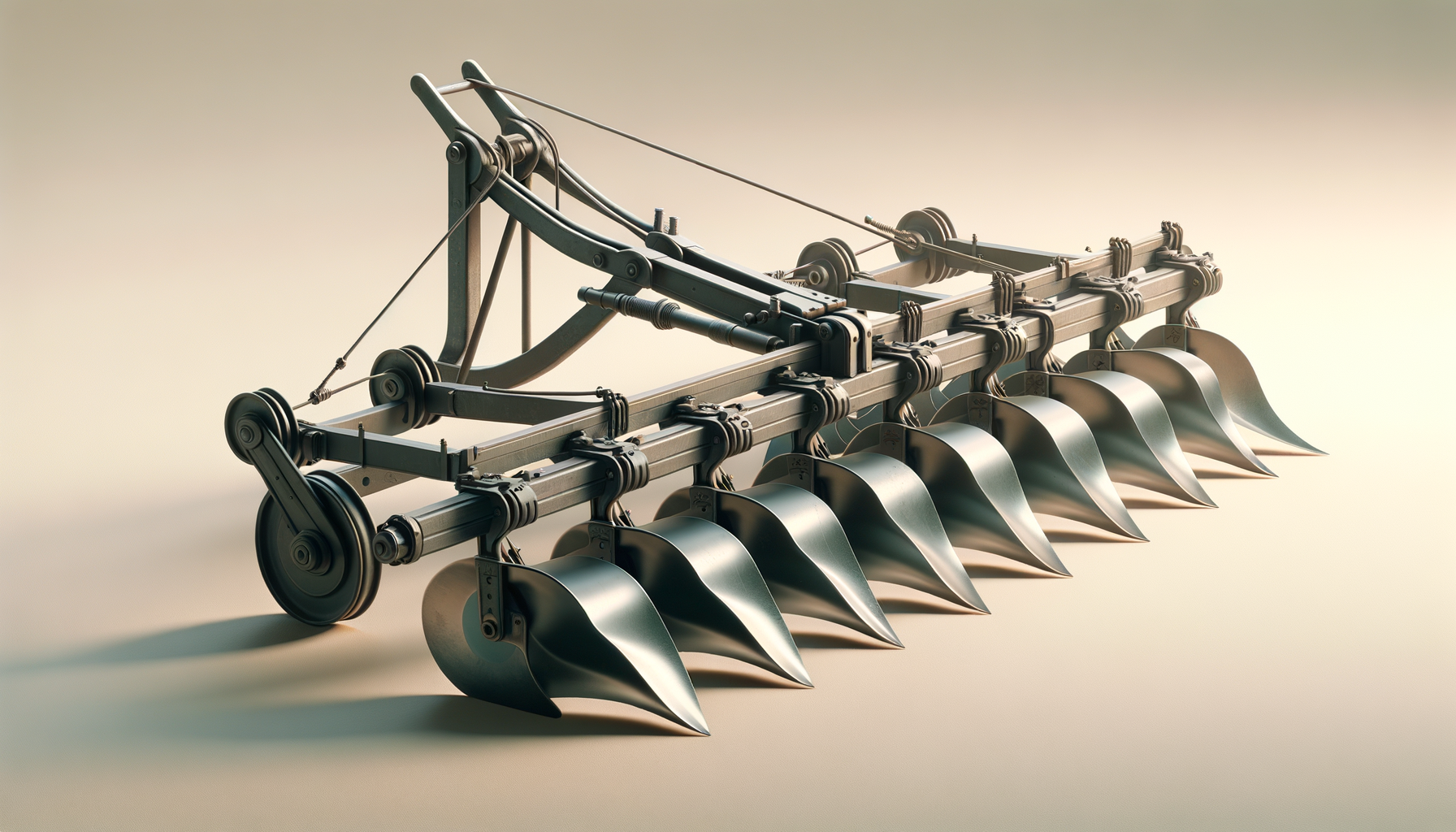 A detailed metal mechanical device with multiple blades and gears, resembling a futuristic plow or agricultural equipment.