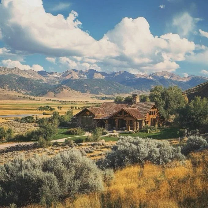 A rustic wooden house surrounded by greenery and shrubs, set in a wide valley with mountains in the background under a partly cloudy sky.
