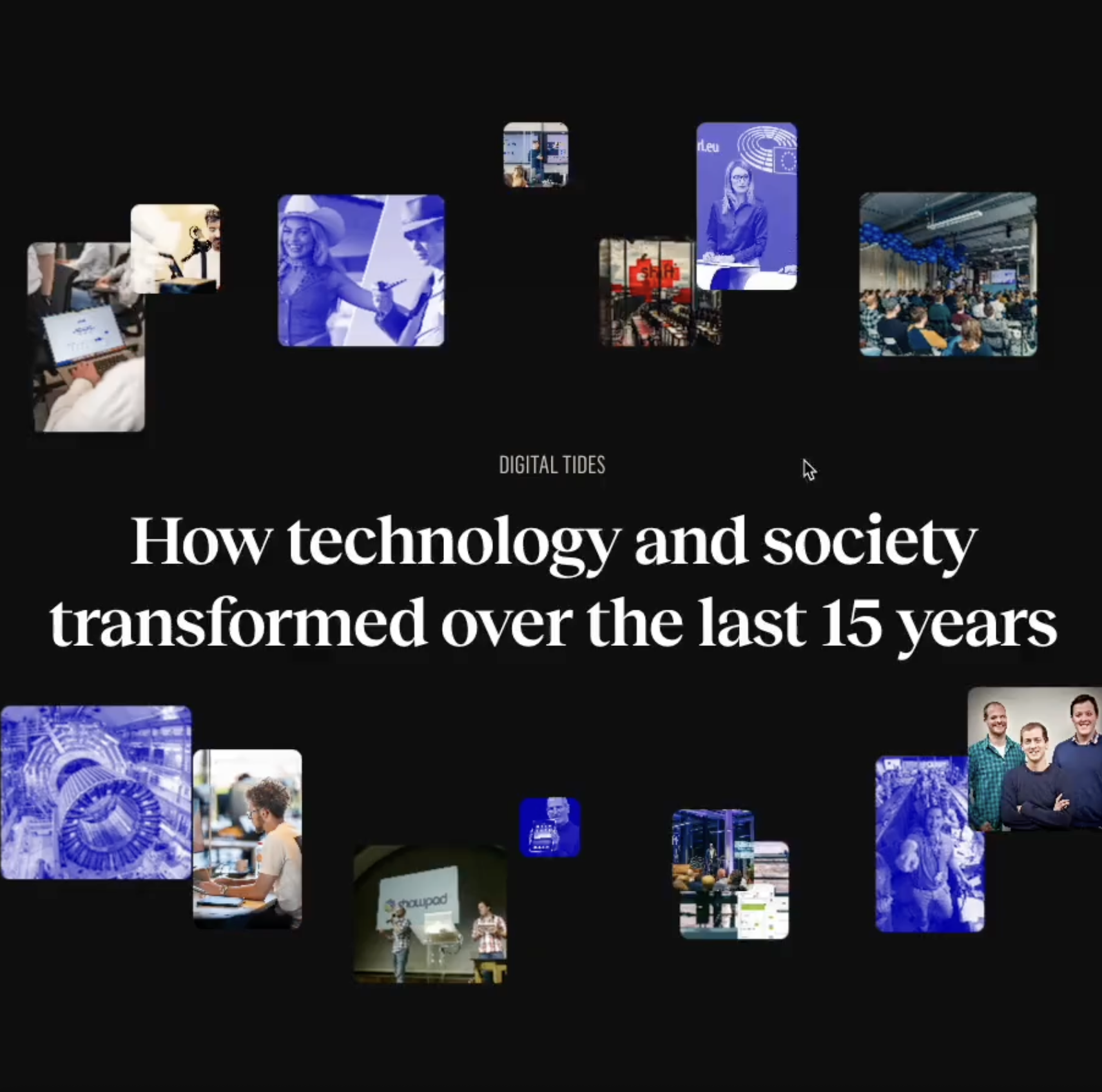 Book cover titled "Digital Tides: How technology and society transformed over the last 15 years" with a black background, featuring various images of technology, people, and events related to digital innovation arranged around the title.