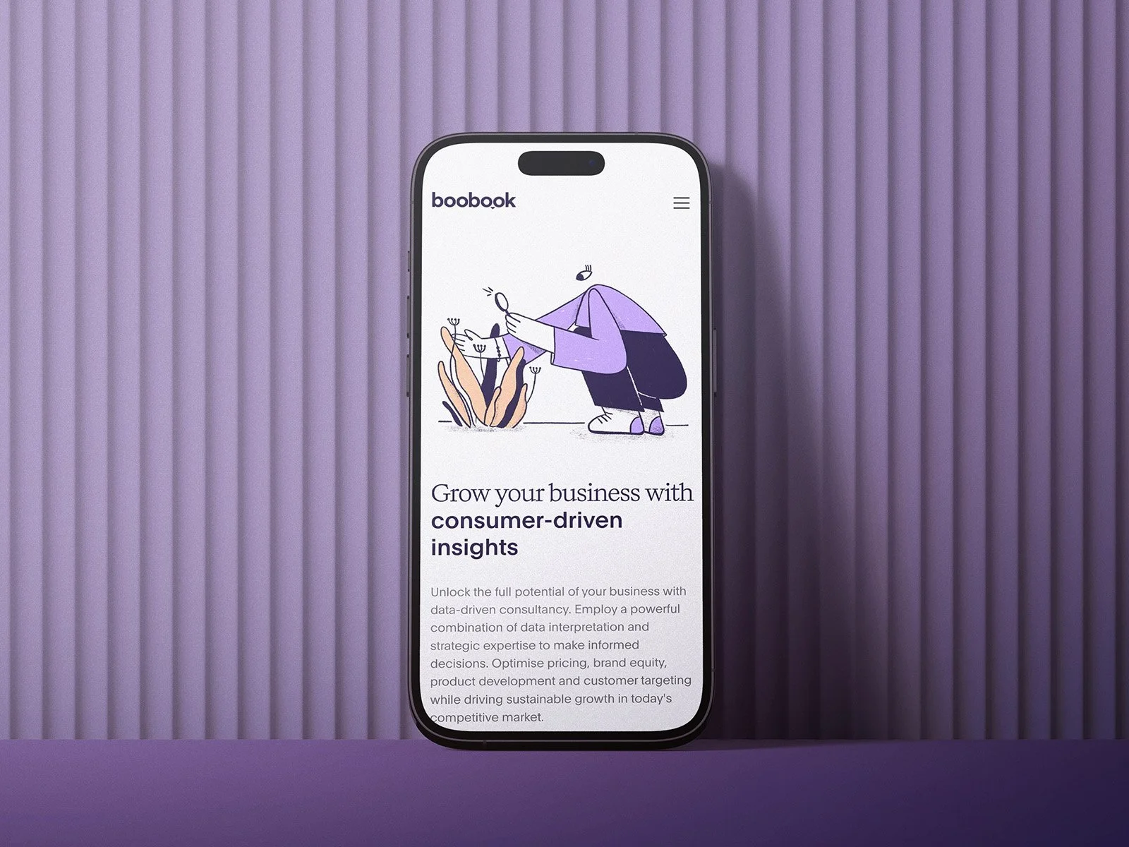 Smartphone displaying a website with the text 'Grow your business with consumer-driven insights' and a purple illustration of a person inspecting plants.