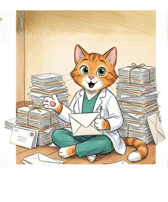 A cartoon cat dressed as a scientist sitting on the floor surrounded by stacks of paperwork, holding an envelope, and giving a friendly wave.