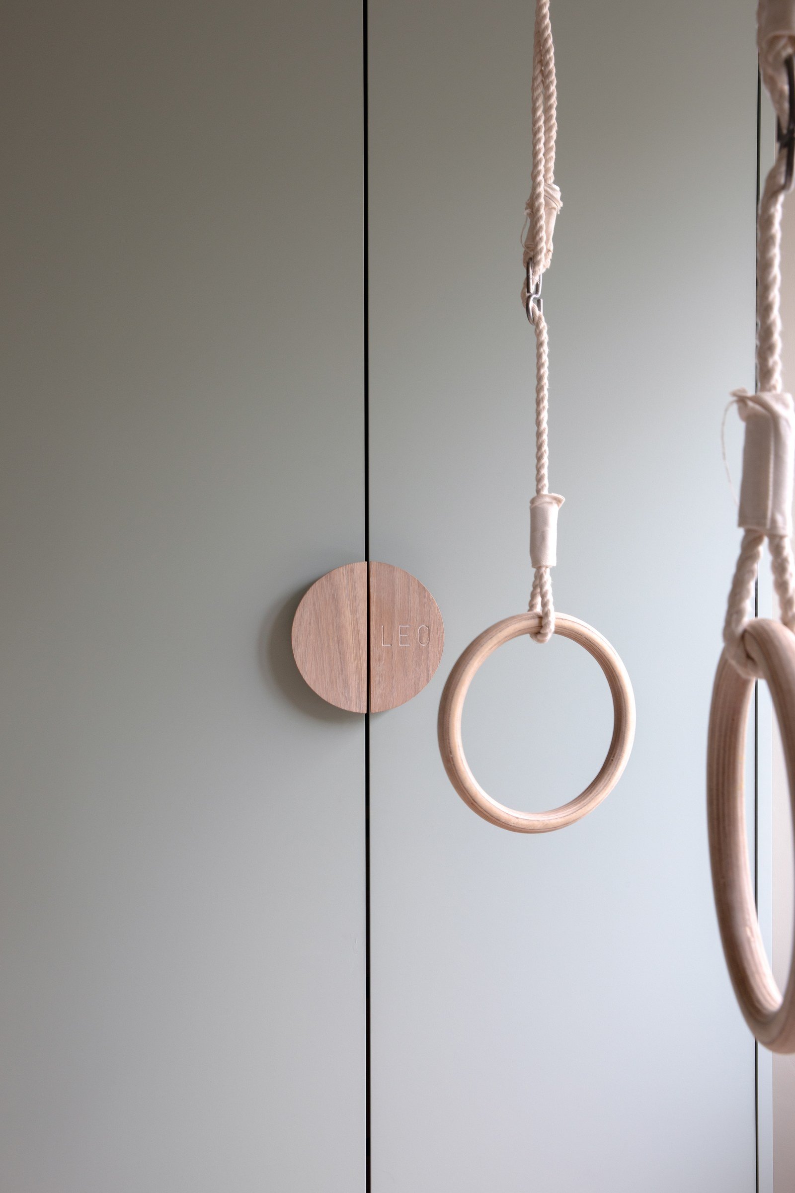 Gymnastic rings in front of bespoke sage green wardrobes with timber handles.