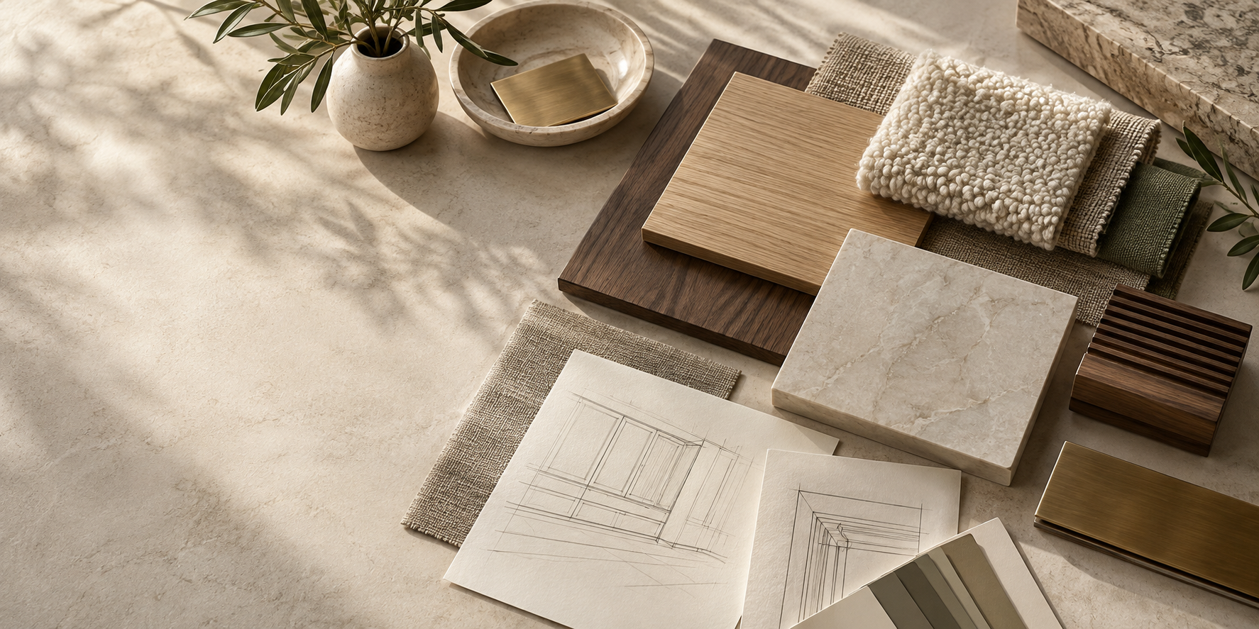Interior designer materials mood board with oak, walnut, stone, brass and neutral fabric samples