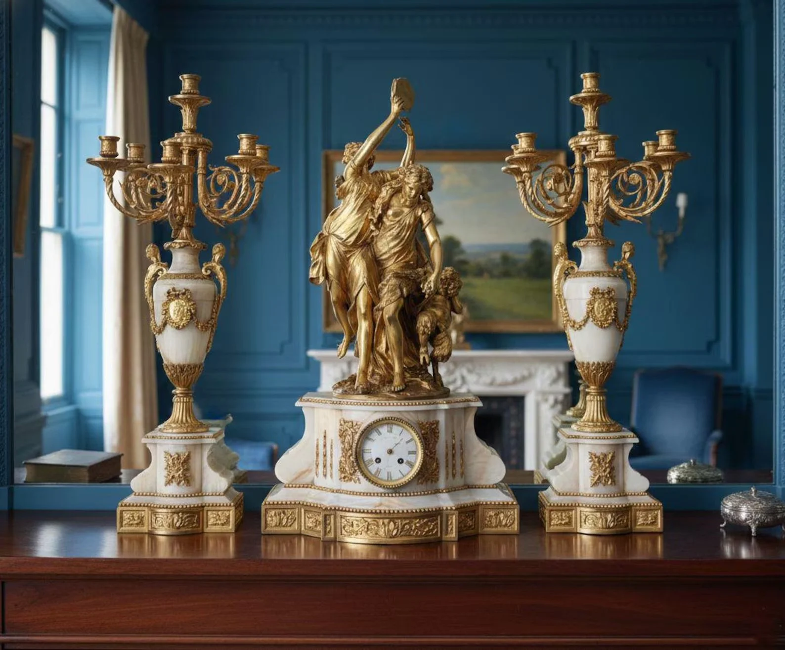 Restored 19th C. French Bronze Onyx Clock Garniture Set | Raingo Frères