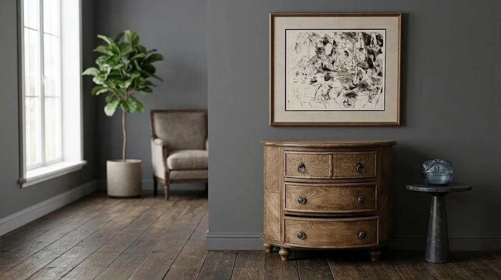 Living room corner with a gray wall, a wooden corner cabinet, a framed monochrome artwork, a potted plant near a window, a gray armchair, and a small side table with a decorative item.