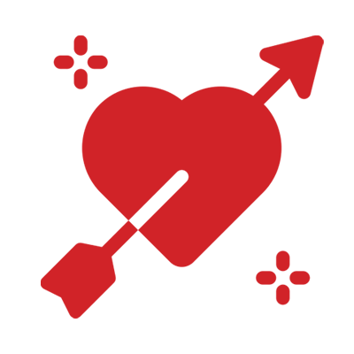A red heart pierced by an arrow with an upward-pointing arrowhead, surrounded by small decorative dots.