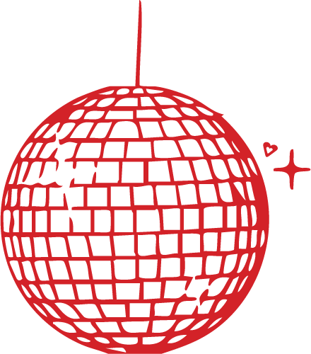 A red disco ball with a small heart and star symbols next to it.