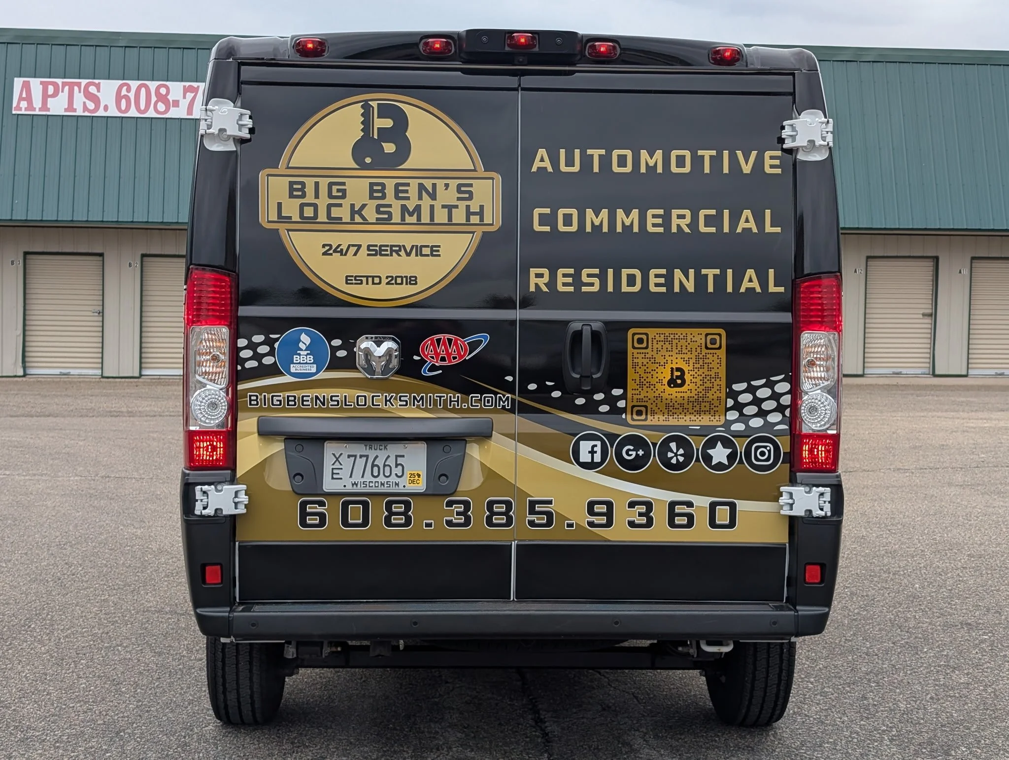 Black van with Big Ben's Locksmith logo and contact information, displaying services for automotive, commercial, and residential locksmith needs, along with social media icons, a QR code, and a phone number.