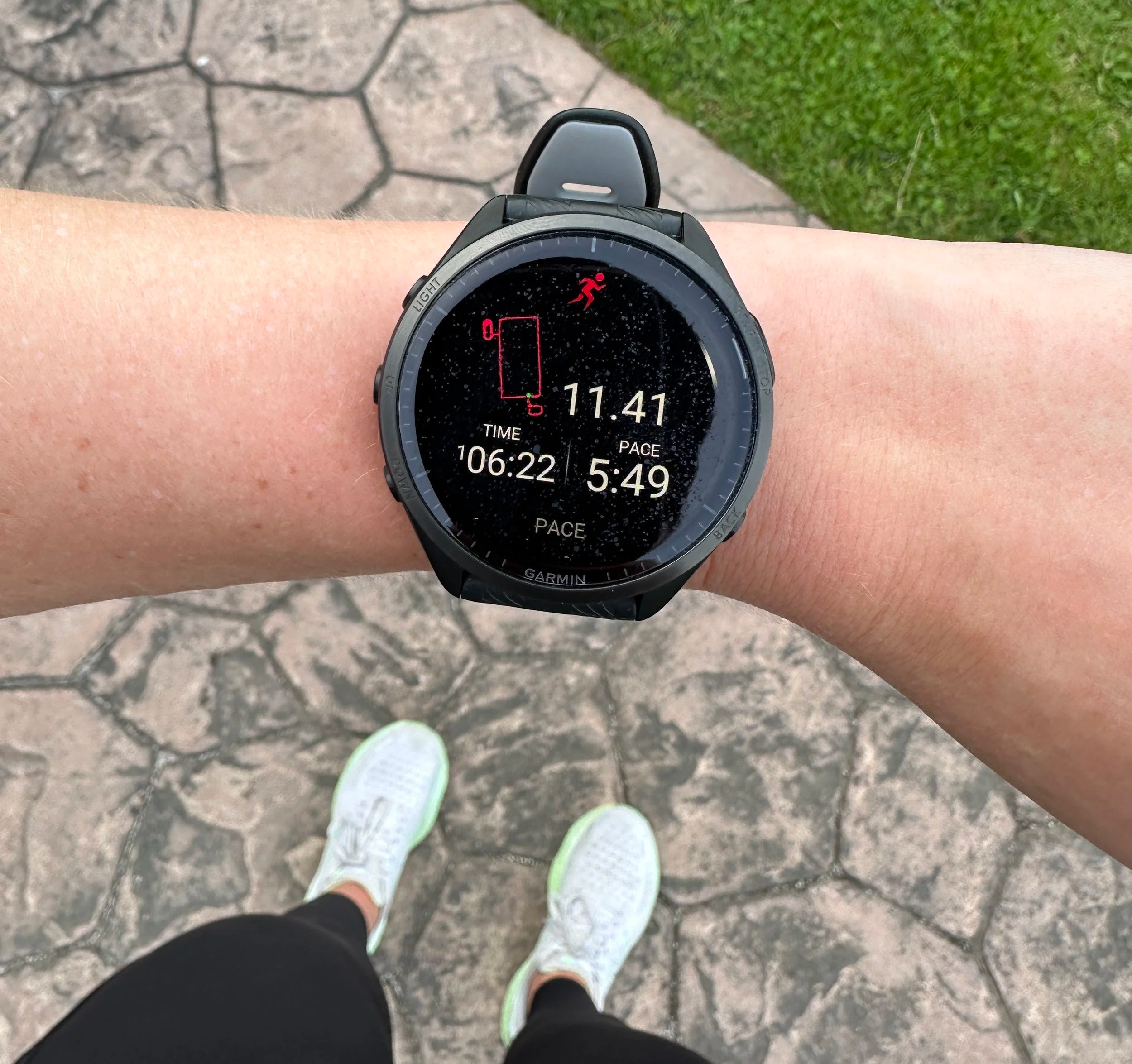 A Garmin watch screen showing a long run.